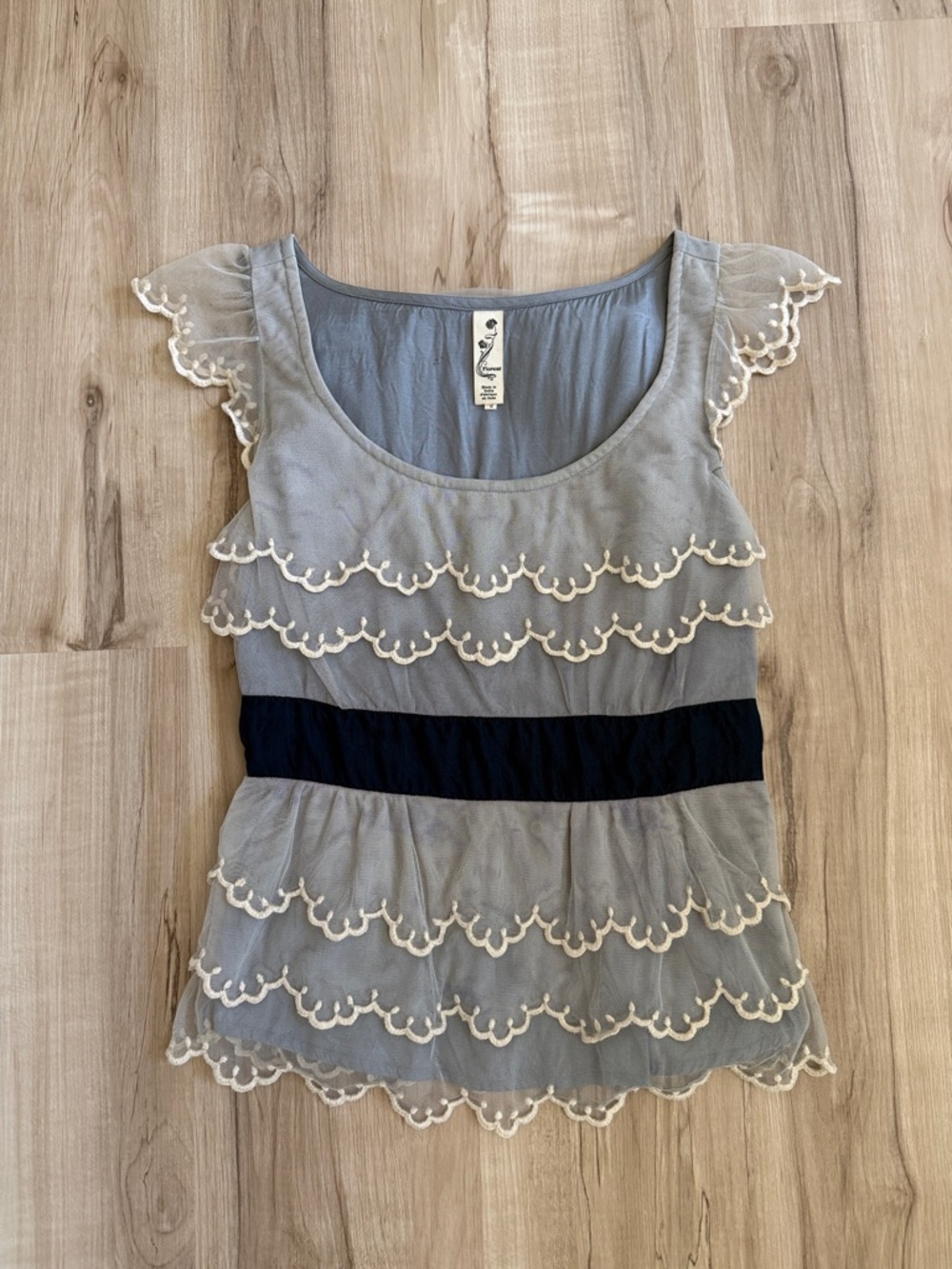 Floreat Women's Blue w/ cream Lace-Trim Scoop Neck Top with navy blue waistband